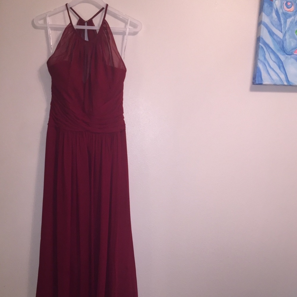 wine color chiffon high-neck dress with keyhole